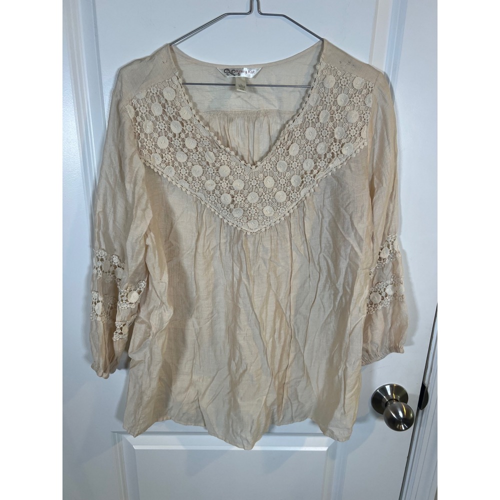 Krazy Kat Womens Blouse Crochet Lace Yoke Beige Large